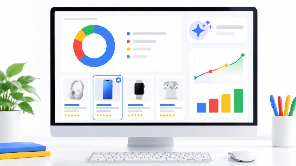 Minimalist analytics dashboard displayed on a computer monitor featuring a circular share-of-voice chart, simple product cards, and a subtle AI sparkle icon with blue, red, yellow, and green accents on a clean white background.