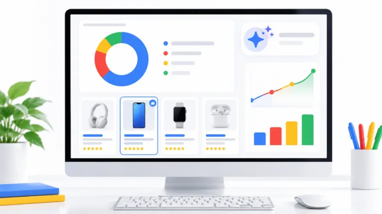 Minimalist analytics dashboard displayed on a computer monitor featuring a circular share-of-voice chart, simple product cards, and a subtle AI sparkle icon with blue, red, yellow, and green accents on a clean white background.