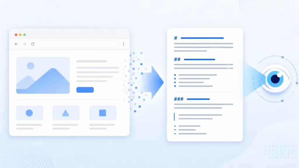 Minimal blue-and-white illustration showing a browser window transforming into structured Markdown with an AI eye scanning the content, representing AI-powered web page to Markdown conversion and content extraction.