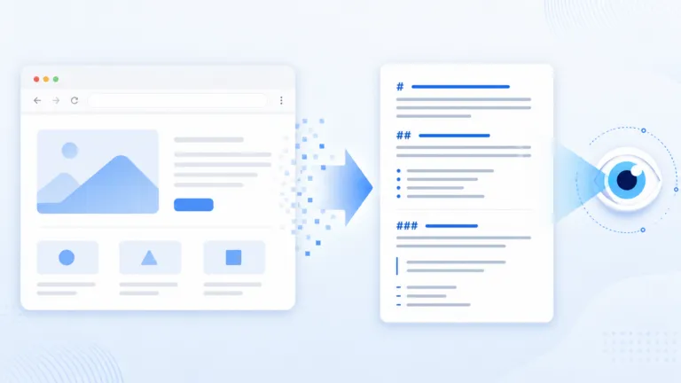Minimal blue-and-white illustration showing a browser window transforming into structured Markdown with an AI eye scanning the content, representing AI-powered web page to Markdown conversion and content extraction.