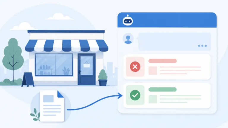 Illustration of a business storefront, an AI chat showing incorrect business information marked with a red X, and a source document leading to a corrected response marked with a green check, representing how to fix wrong AI information about a business.