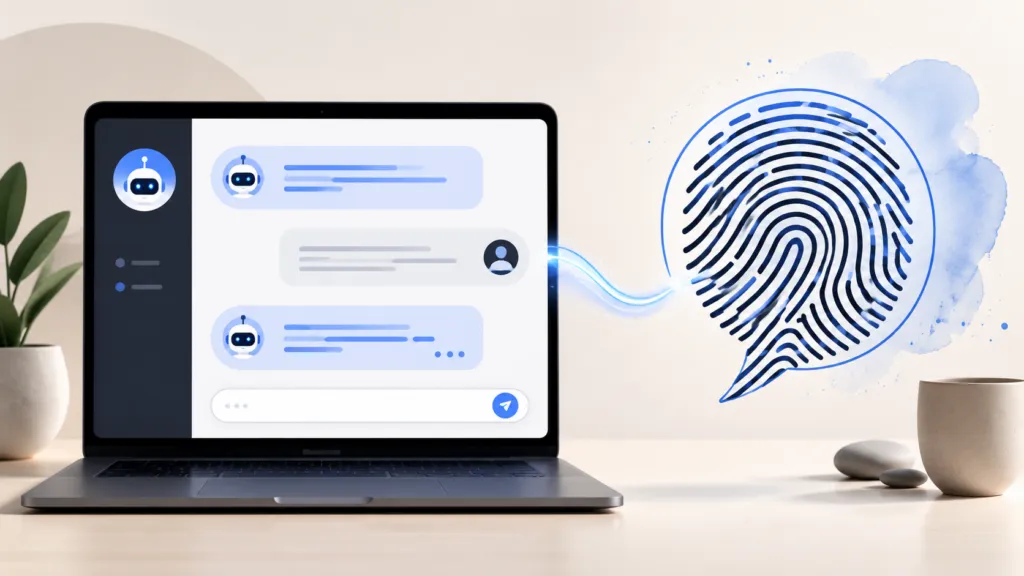 Minimal 16:9 illustration of a laptop displaying an AI chat interface connected by a thin line to a fingerprint-shaped speech bubble, representing humanizing AI-generated content with a personal voice.
