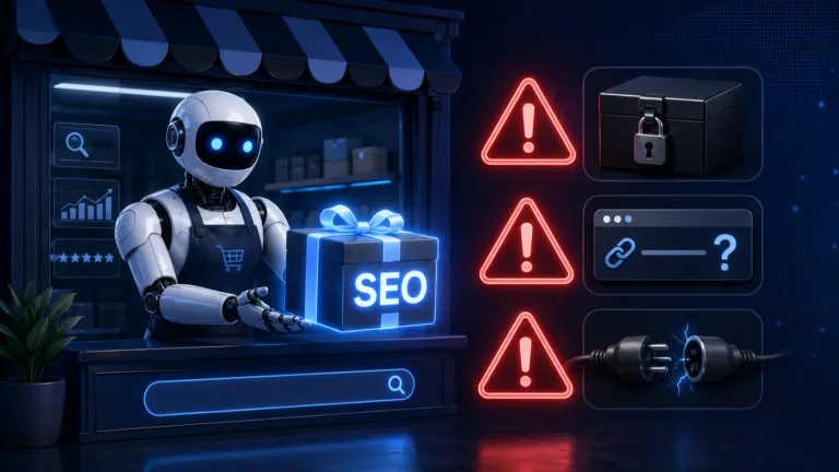 Illustration of an AI robot selling an SEO package with warning symbols for a locked black box, missing AI citations, and disconnected technical fixes, representing common AI SEO scam warning signs.