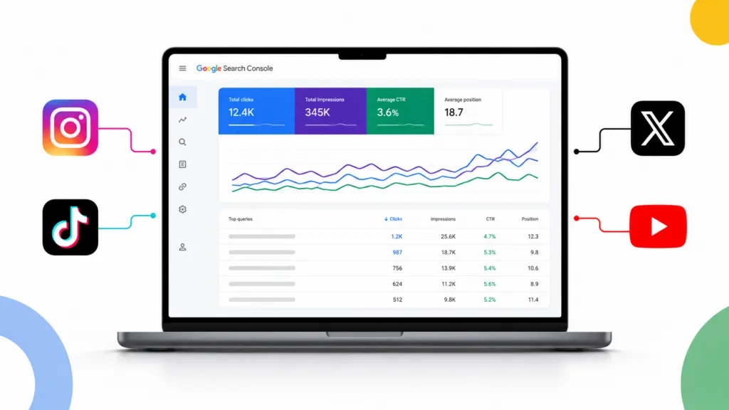 Laptop displaying a Google Search Console-style dashboard with search performance charts and query data connected to Instagram, TikTok, X, and YouTube icons on a clean white background.