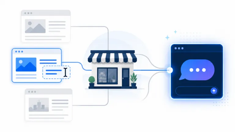 Small business storefront connected to web pages that feed information into an AI chat interface.