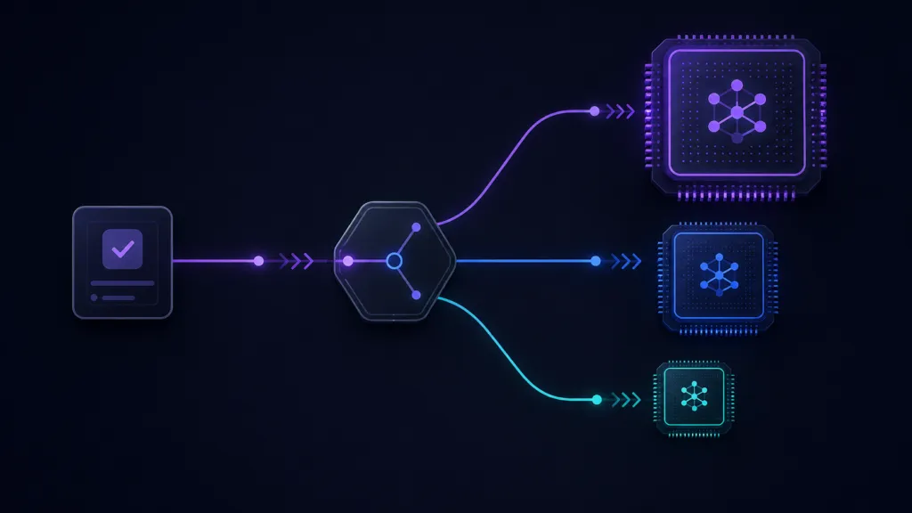 Illustration of a smart AI routing system where a single task card splits into three paths leading to Fable 5, Opus 4.8, and Sonnet 5 AI model chips, showing intelligent model selection for different workloads.