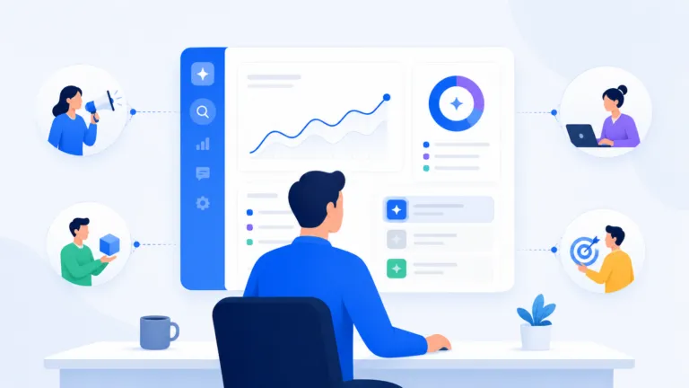 SEO specialist managing an AI search dashboard while PR, product, and marketing teams provide support.