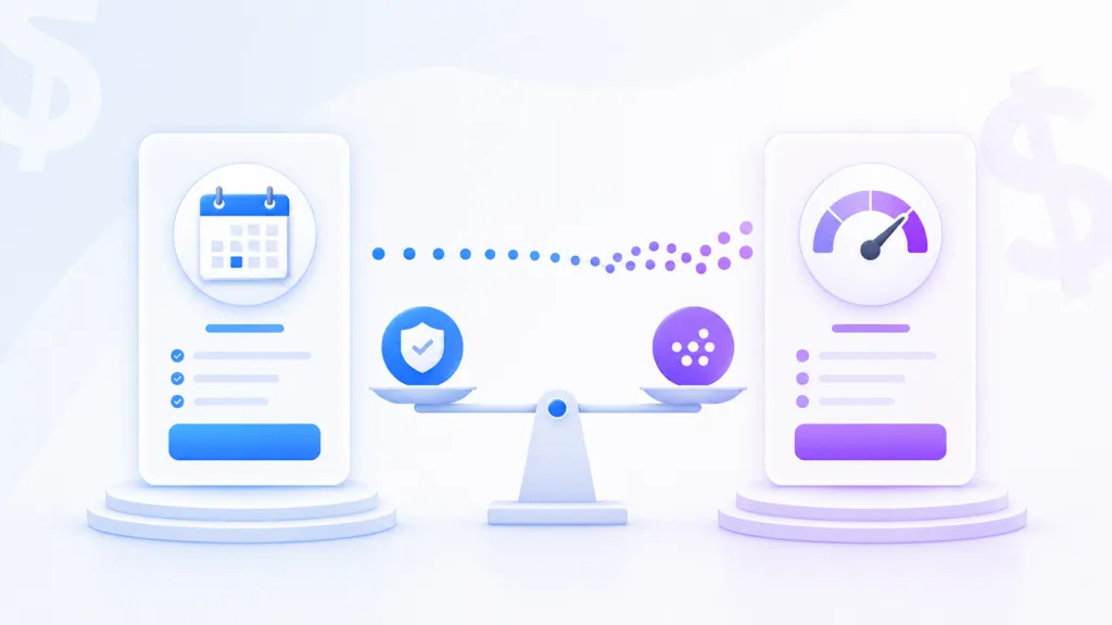 Minimal illustration comparing flat monthly AI subscription pricing with usage-based token pricing, featuring a calendar icon, token usage meter, and a balanced scale representing cost comparison for AI services.