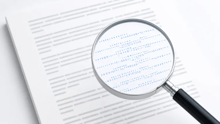 Illustration of an AI-generated document with a hidden digital watermark being detected, representing AI content watermarks and their impact on SEO.