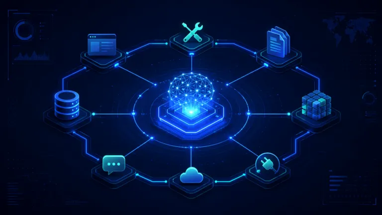 AI model core surrounded by a larger harness of tools, memory, documents, and connectors that guide its performance.