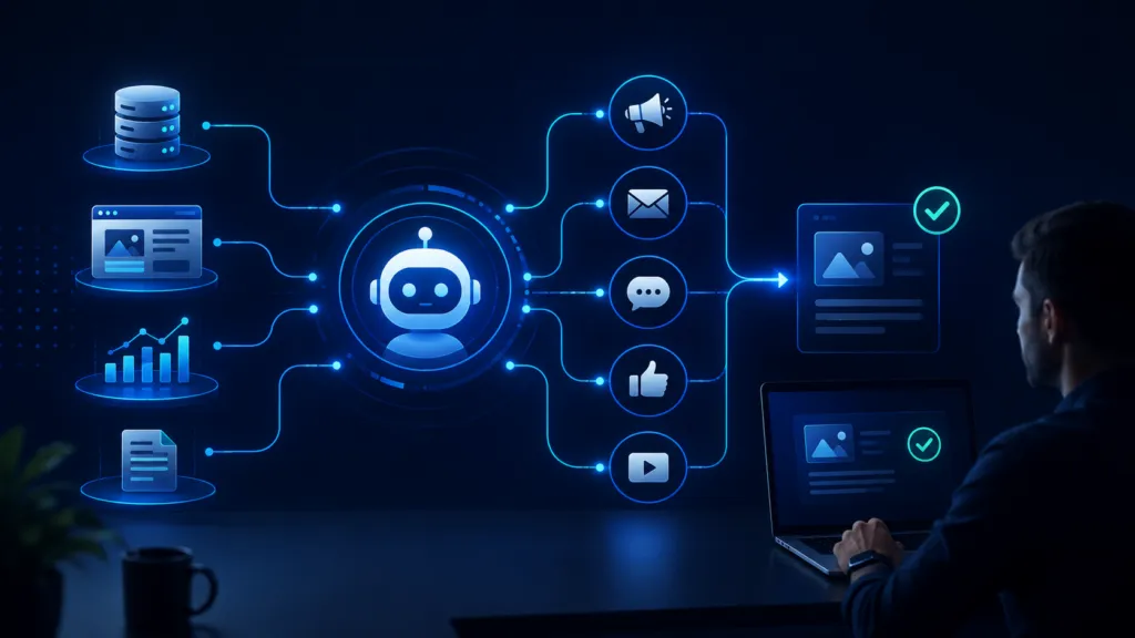 AI marketing agent connected to a business knowledge base, website, analytics, and marketing channels with human review.