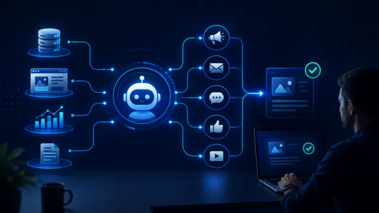 AI marketing agent connected to a business knowledge base, website, analytics, and marketing channels with human review.