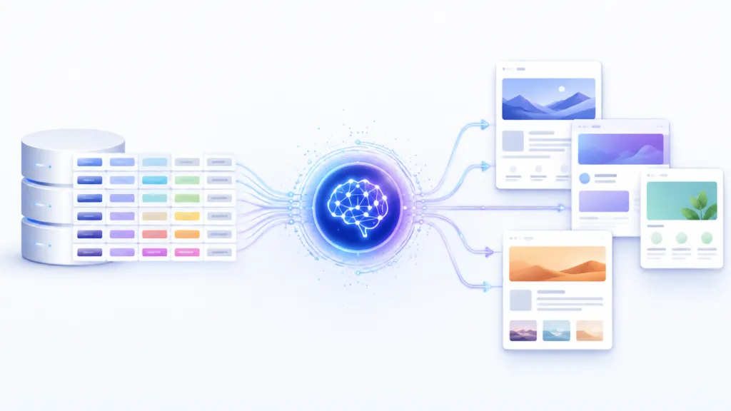 Illustration of an AI system transforming structured business data into unique, automated web pages for content creation and SEO.
