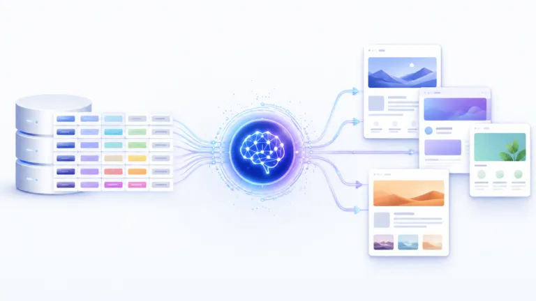 Illustration of an AI system transforming structured business data into unique, automated web pages for content creation and SEO.