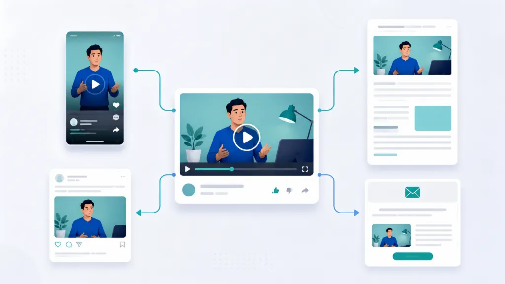 Content repurposing strategy showing one video transformed into short-form videos, blog posts, social media posts, and email content.