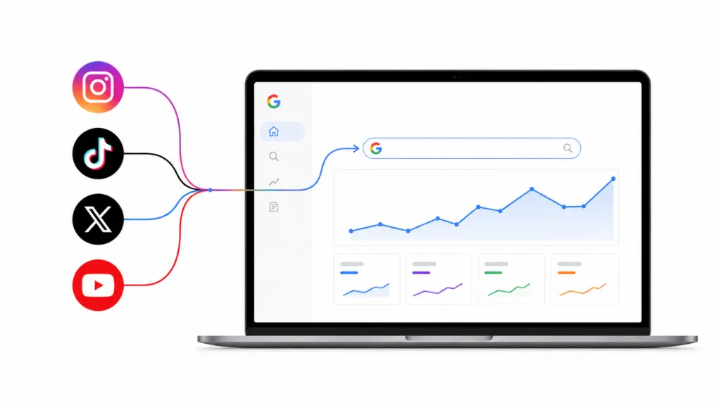 Google Search Console dashboard showing Instagram, TikTok, X, and YouTube accounts connected for search performance tracking.
