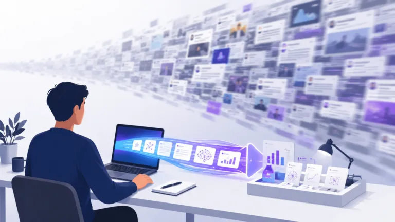 Person reviewing curated AI news and testing new tools at a desk while ignoring a flood of low-quality AI content.