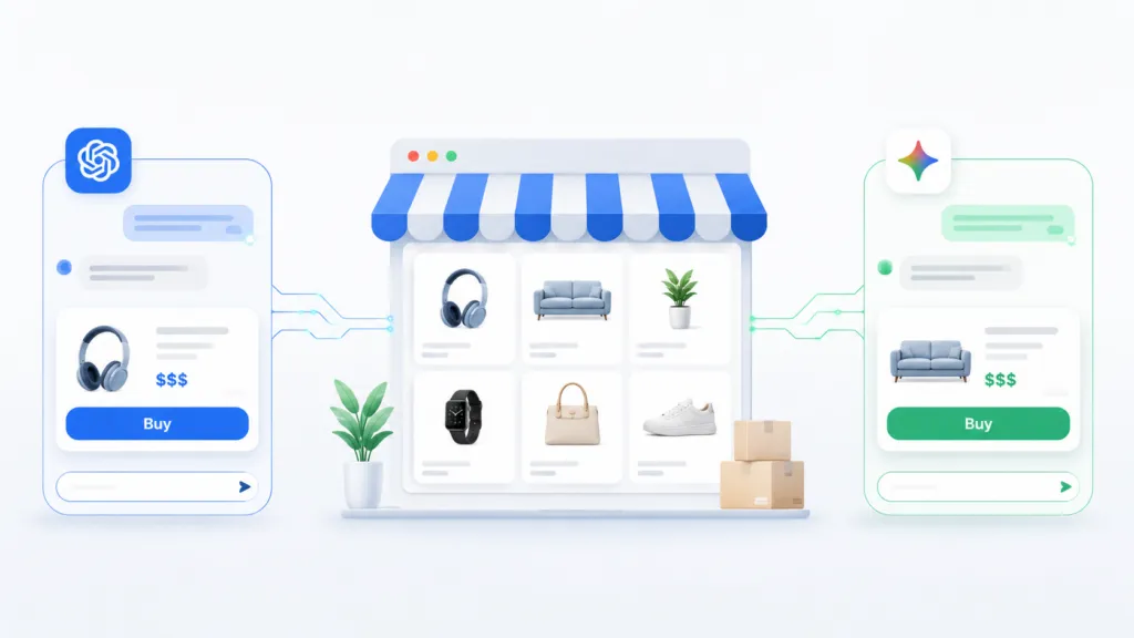 Online store connected to ChatGPT and Google AI shopping interfaces with product cards and buy buttons for AI-powered e-commerce checkout.
