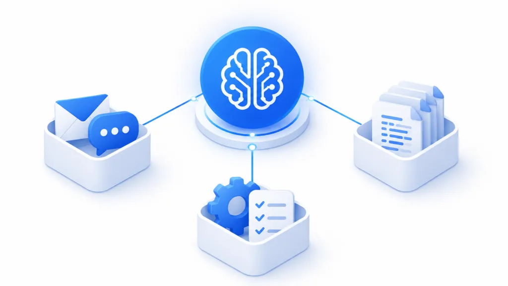 Diagram showing business information organized into workspaces, a markdown knowledge base, and AI skills connected to a central AI system.