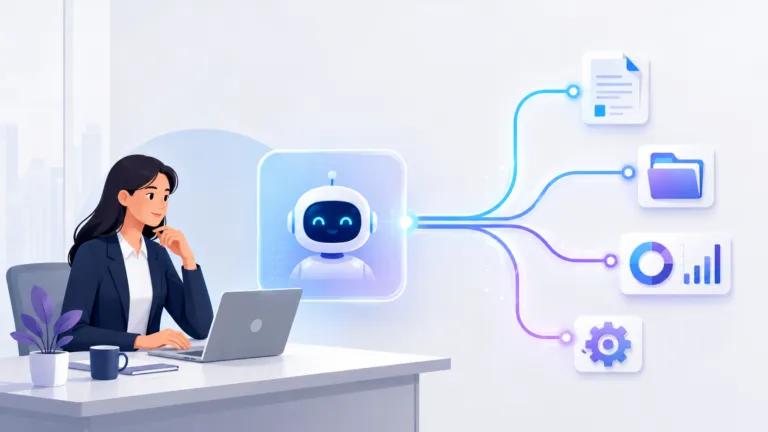 Business professional using an AI assistant to automate documents, data, files, and workflows with agentic AI tools.