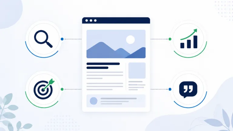 Blog post surrounded by four ranking factors: search demand, buyer intent, ranking opportunity, and AI-friendly citation structure.