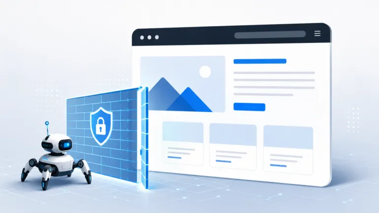 Illustration of an AI crawler checking website access through security settings, representing how to find out if a website is blocking AI bots.