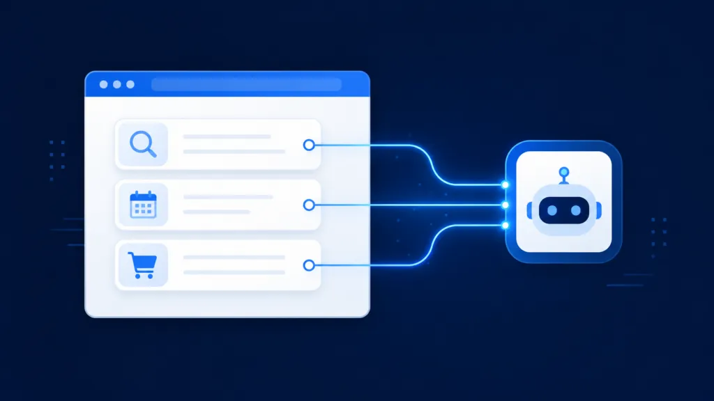 Illustration of an AI agent using WebMCP to interact directly with structured website tools such as search, booking, and checkout.