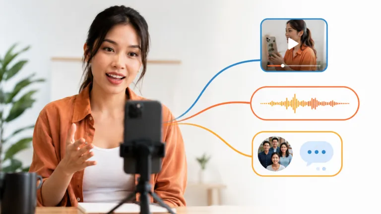 Business owner creating authentic marketing content through video, voice memos, and community conversations.