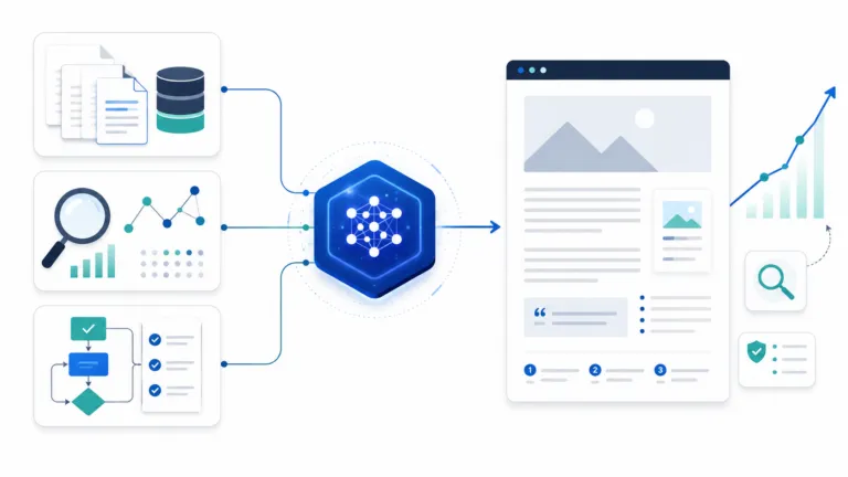 AI content engine combining a knowledge base, search data, and editorial workflow to produce a ranked, citation-ready article.