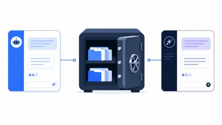 Secure central knowledge vault connected to multiple AI assistants, illustrating portable data and reduced vendor lock-in.