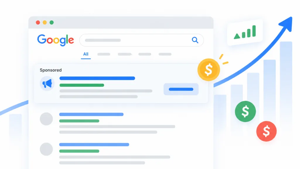 Illustration of a Google search results page with a sponsored ad, rising cost chart, dollar icons, and an upward arrow representing increasing Google Ads costs and continued performance.