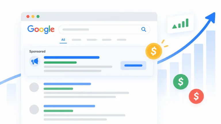 Illustration of a Google search results page with a sponsored ad, rising cost chart, dollar icons, and an upward arrow representing increasing Google Ads costs and continued performance.