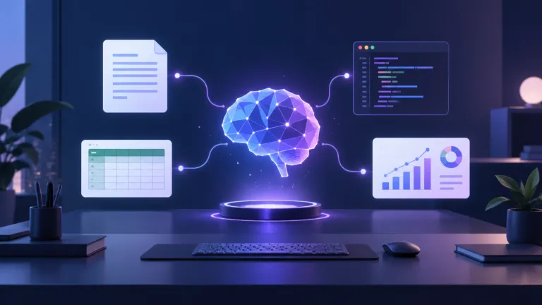 A glowing AI brain at a workstation coordinating documents, spreadsheets, code, and research charts through connected workflows.