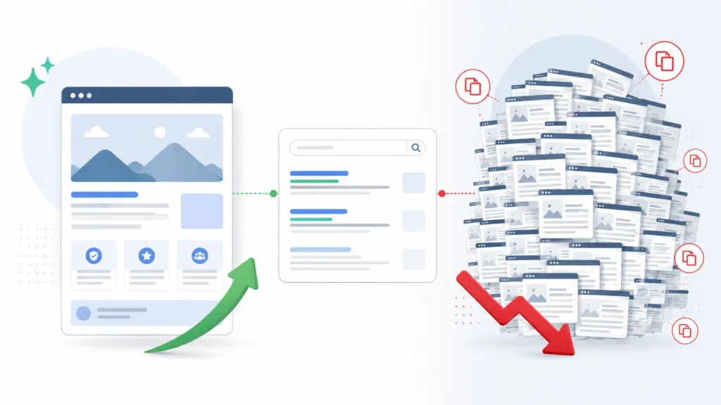 Illustration contrasting one high-quality AI-assisted webpage gaining search visibility with a large stack of repetitive low-value pages losing rankings.