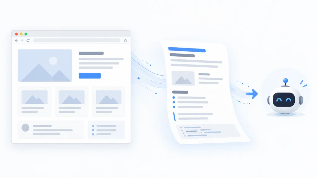 Browser page converting from HTML into a simplified Markdown format for an AI agent.