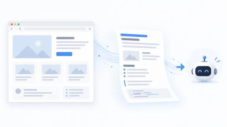 Browser page converting from HTML into a simplified Markdown format for an AI agent.