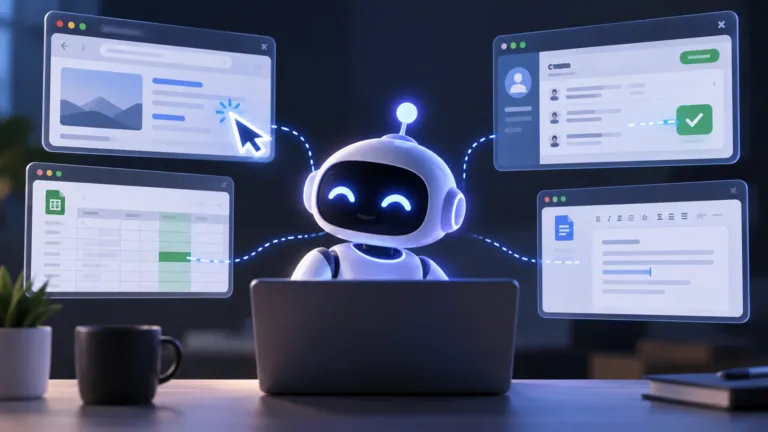 AI assistant operating browser, CRM, spreadsheet, and document tools from a laptop to automate business workflows.