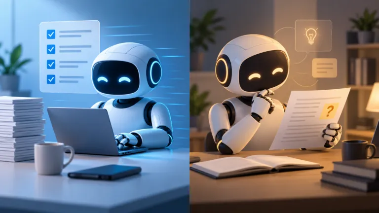 Split-screen illustration of two AI assistants, with one rapidly completing tasks and the other thoughtfully reviewing a document.