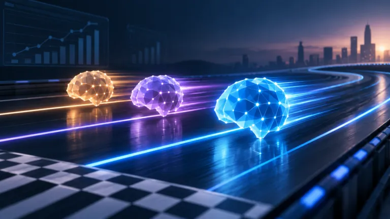 A bright blue AI node leads several glowing competitors along digital lanes, representing Gemini 3.8 Flash competing on performance, speed, and cost efficiency.
