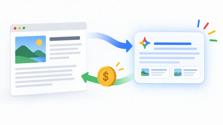 Illustration of publisher content flowing into an AI-generated answer, with a payment coin flowing back to the publisher.