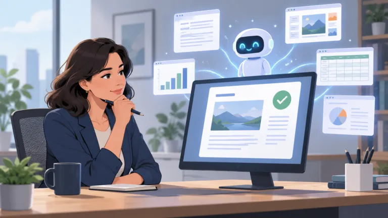 Professional reviewing AI-generated work on a computer while an AI assistant handles multiple digital tasks in the background.