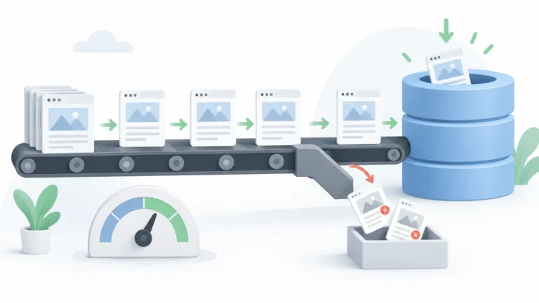 Illustration of web pages moving along a publishing conveyor, with most entering a search index while some are filtered out, alongside a moderate publishing-speed gauge.