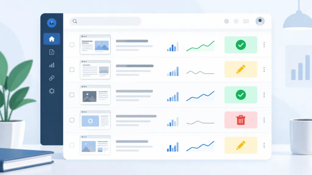 Website content audit dashboard showing webpage rows reviewed with analytics data and marked to keep, rewrite, or remove.
