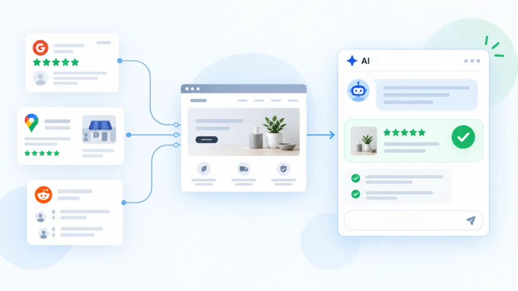 Illustration showing third-party reviews, business listings, and forum discussions feeding into a brand website and influencing a positive AI search recommendation.