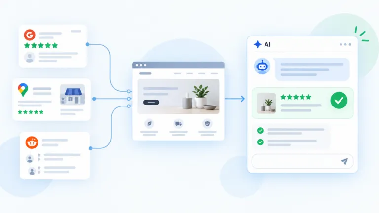 Illustration showing third-party reviews, business listings, and forum discussions feeding into a brand website and influencing a positive AI search recommendation.