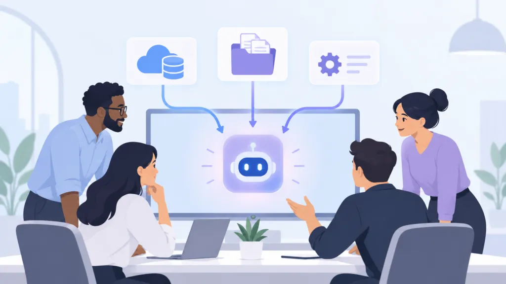 Business team collaborating around an AI knowledge base connected to company data, documents, and automated workflows.