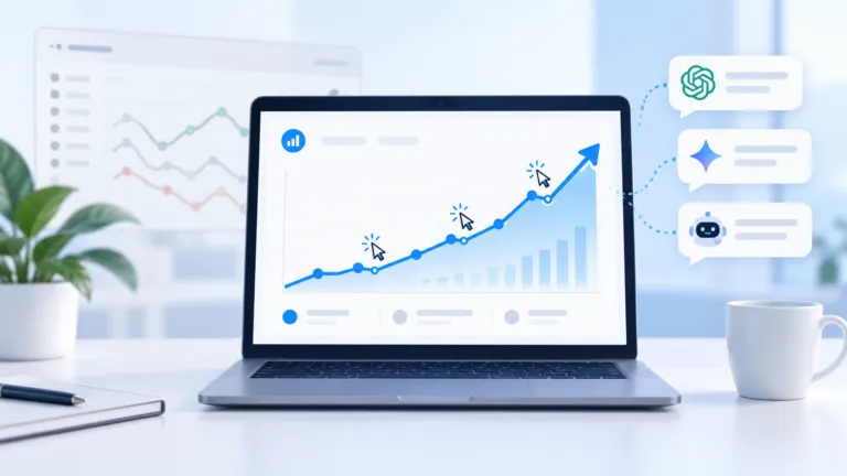 SEO analytics dashboard showing rising Google clicks and AI search visibility across ChatGPT and other AI tools.