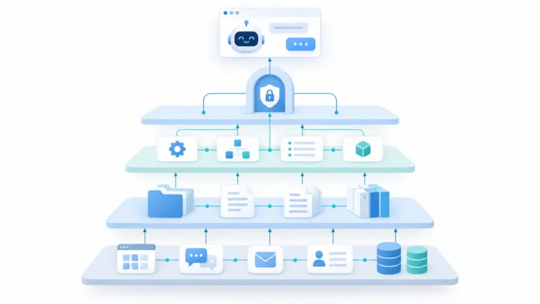Layered diagram showing live business systems, a company knowledge base, reusable AI skills, and a secure gateway connecting company data to an AI assistant.