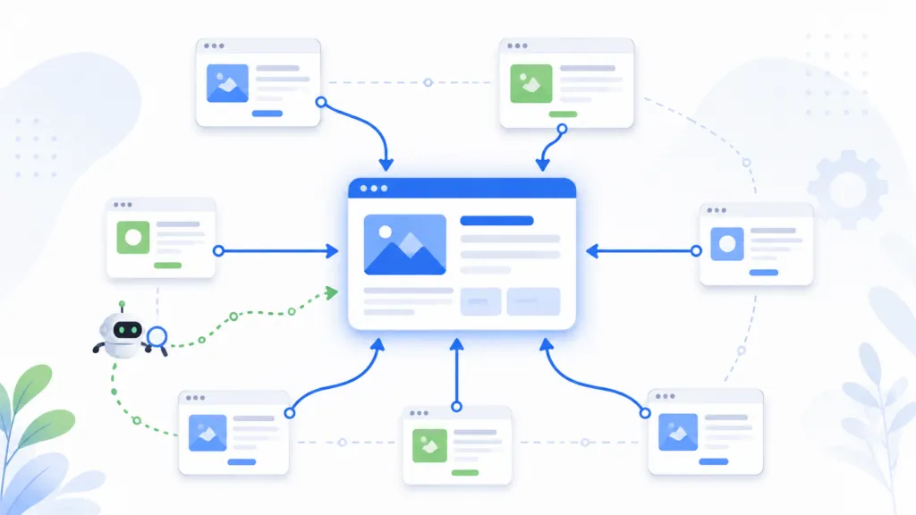 Website pages connected by internal links, with multiple links pointing to a central high-priority page.