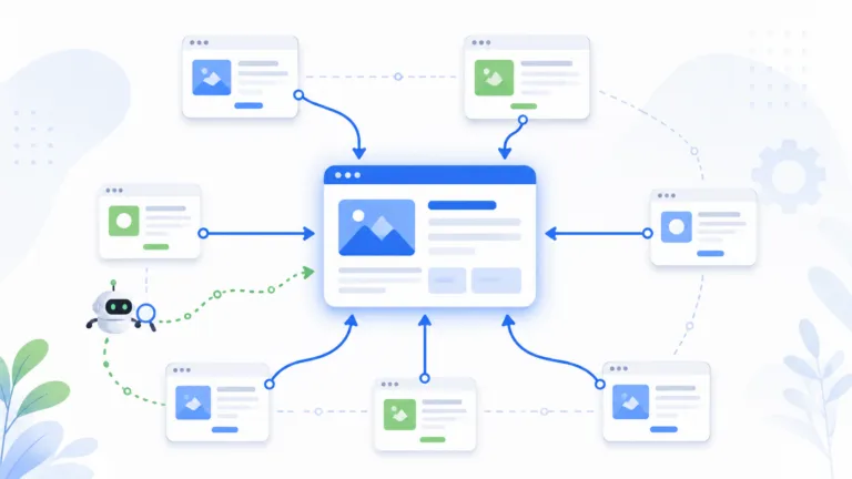 Website pages connected by internal links, with multiple links pointing to a central high-priority page.